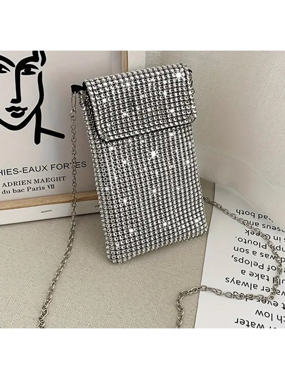 New - Super Cute & Stylish Rhinestone Embellished Crossbody/Phone Bag  - Silver - Picture 8 of 8